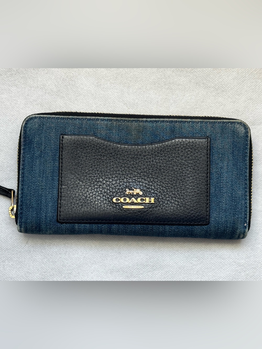 Coach Blue Denim w/ Pebbled Leather Slip Pocket Colorblock Accordion Long Wallet